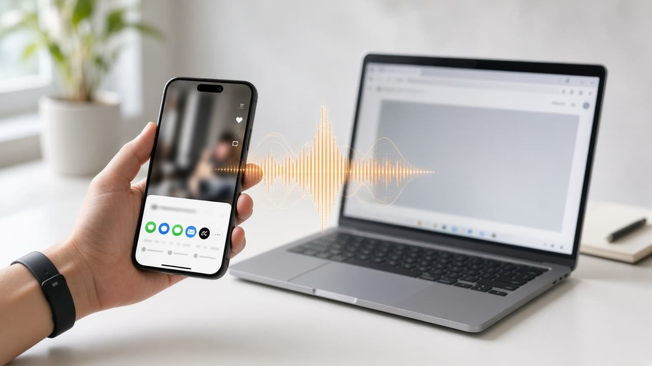 Phone and laptop extracting TikTok audio into an MP3 waveform